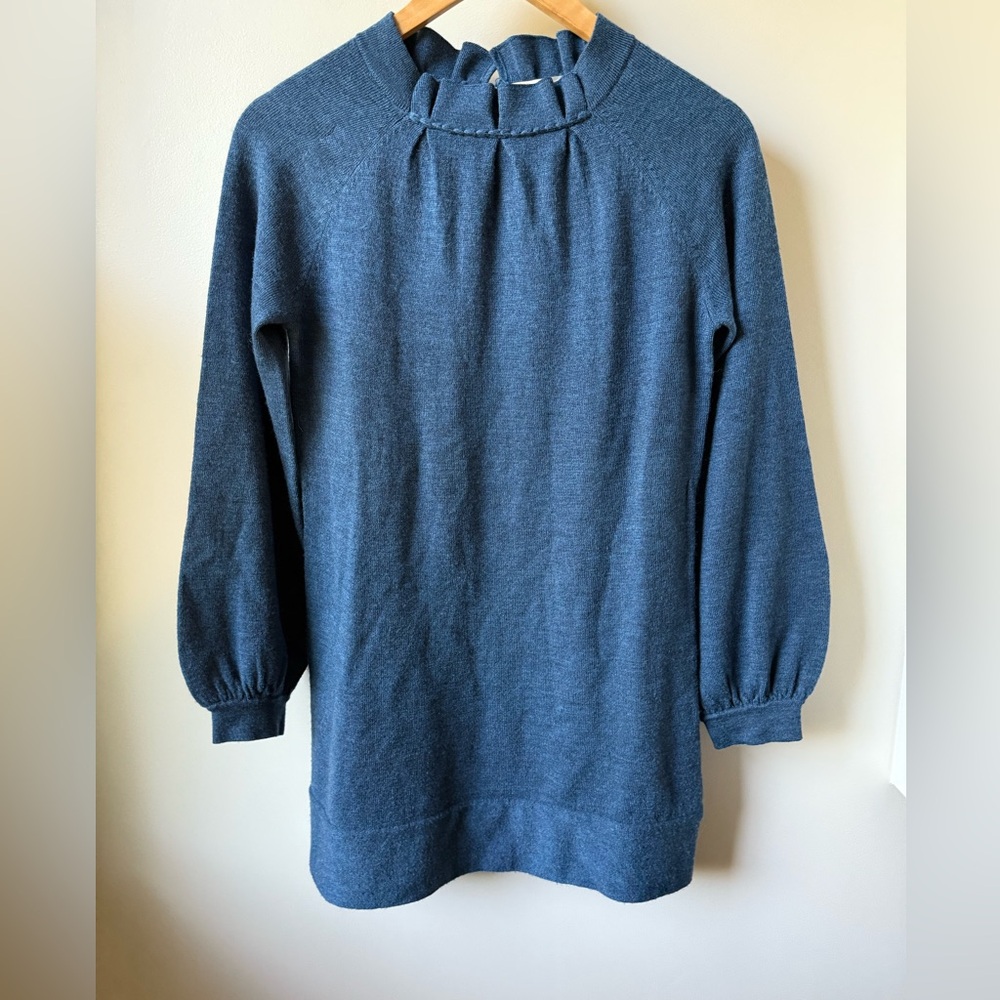 QI Merino Wool Sweater‎ Dress Blue Ruffle Coquette Soft Feminine Retro M